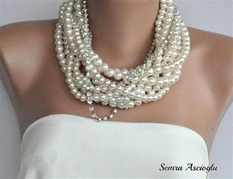 Chunky Layered Ivory Pearl Necklace With Rhinestones Brides Etsy