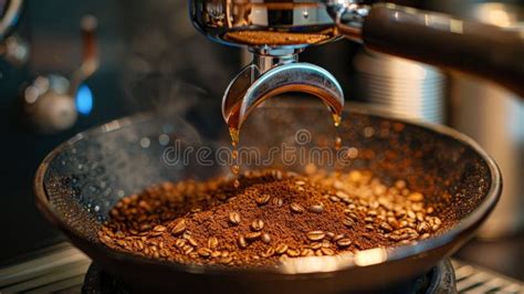 Brewing Hot Water With Ground Coffee In A Espresso Machine Preparing Early Morning Drink Stock