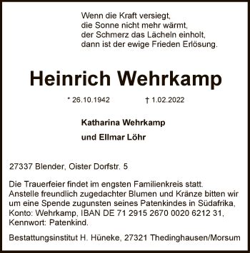 Traueranzeigen Von Heinrich Wehrkamp Trauer Kreiszeitung De