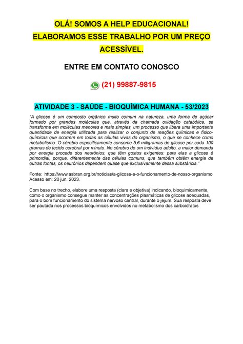 Atividade 3 Saúde Bioquímica Humana 53 2023 OLÁ SOMOS A HELP