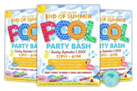 Editable End Of Summer Pool Party Invitation Back To School Pool Party