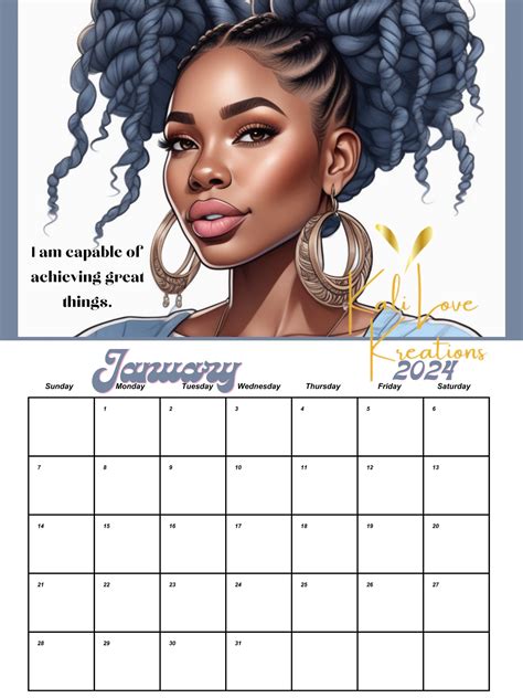 Black Woman Affirmation 2024 Monthly Calendar Instant Download