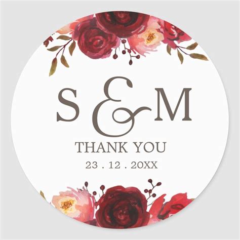 Burgundy Marsala Red Roses Floral Thank You Classic Round Sticker