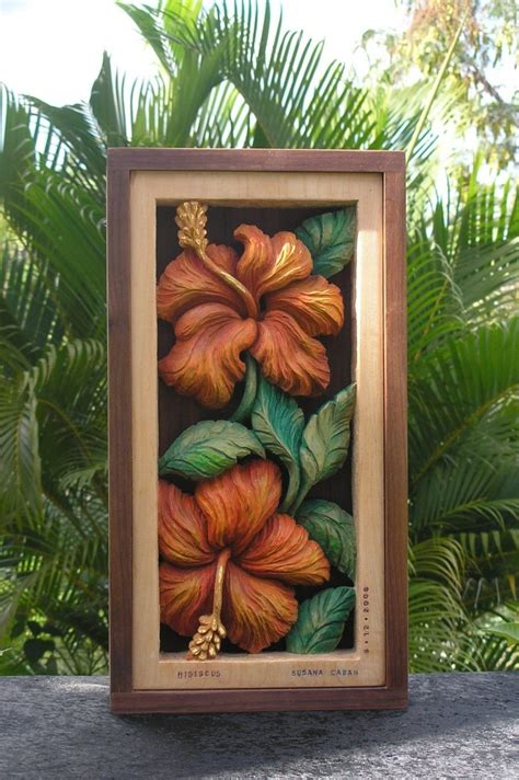 Hibiscus Flower Wood Carving Hand Carved Floral Design Wall