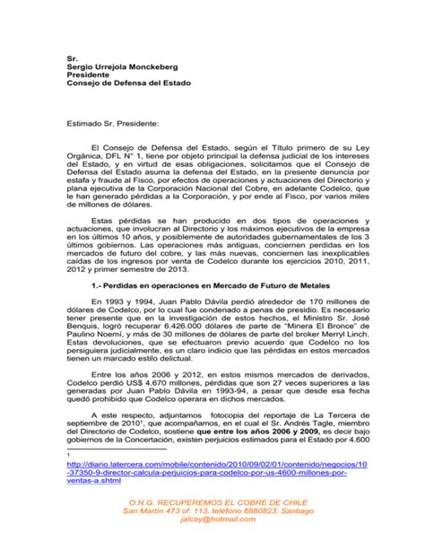 Denuncia Ante El Consejo De Defensa Del Estado Contra Codelco