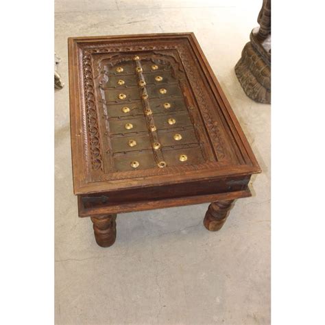 Antique Indian Hand Carved Brass Medallions Farmhouse Chai Coffee Table Coffee Table Antique