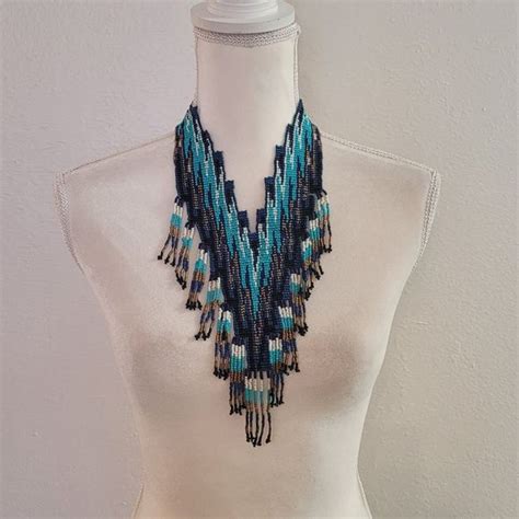 Unbranded Jewelry Southwestern Tribal Statement Seed Bead Bib Necklace Blue Black Gold 7