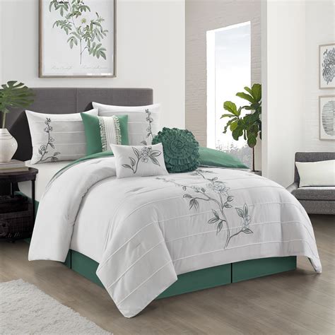 Lanco Queen Floral 7 Piece Comforter Set, Green, Queen, Fill Polyester ...