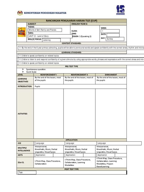 Subject English Year 6 Rancangan Pengajaran Harian Ts25 Cup Pdf