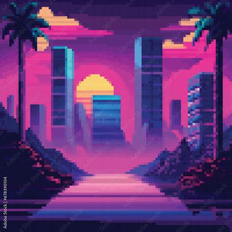 Vector Pixel Art Of 80s Retro Sci Fi Background Synthwave Vaporwave Retrowave Pixel Art