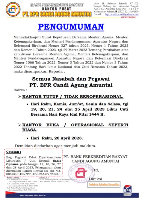 PENGUMUMAN LIBUR HARI RAYA IDUL FITRI 1444 H BPR Candi Agung Amuntai