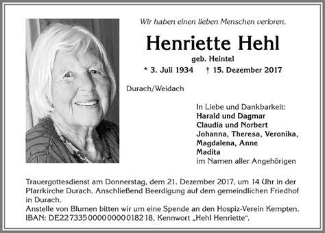 Traueranzeigen von Henriette Hehl Allgäuer Zeitung