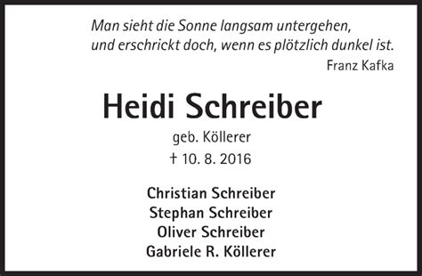 Traueranzeigen Von Heidi Schreiber Sz Gedenken De