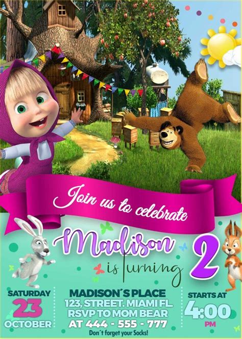 Masha And The Bear Birthday Invitation Template Oscarsitosroom Great