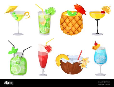 Tropical Cocktail Vector Beach Drink Summer Glass Set Alcohol Fruit