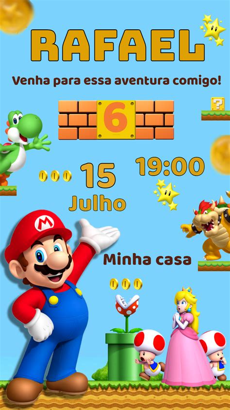 Convite aniversario Super Mario Edite grátis nosso editor online