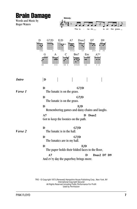 Brain Damage By Pink Floyd Sheet Music For Guitar Chords Lyrics At Sheet Music Direct