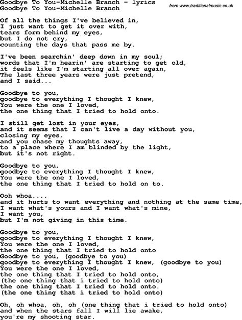 Love Song Lyrics for:Goodbye To You-Michelle Branch