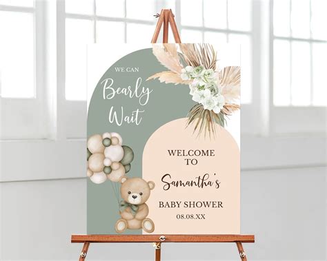 Editable We Can Bearly Wait Baby Shower Welcome Sign Green Bear