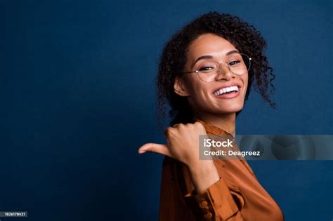 Photo Of Positive Sweet Woman Dressed Brown Silk Shirt Eyewear Showing