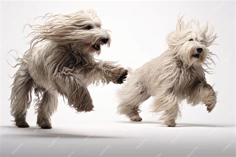 Premium Photo Jumping Moment Two Komondor Dogs On White Background