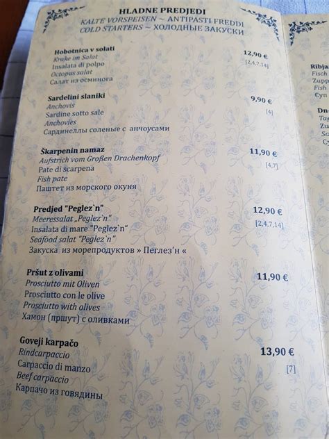 Menu at Oštarija Peglez'n restaurant, Bled