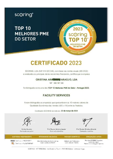 Certifica O Scoring Top Melhores Pme Do Setor Cristina Ara Jo