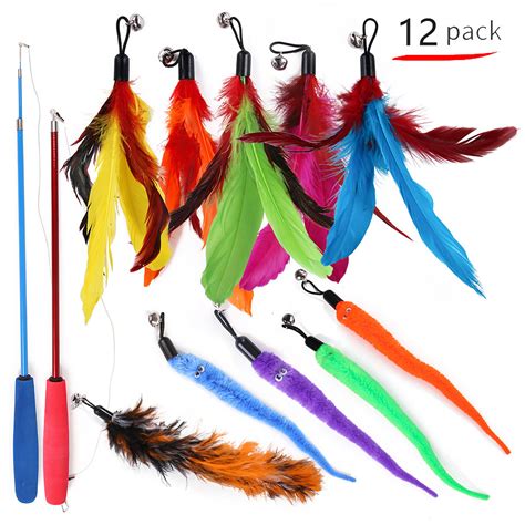 Funchaos Indoor Cat Feather Toy Set Retractable Wands And Bell Teasers Interactive Kitten Toys