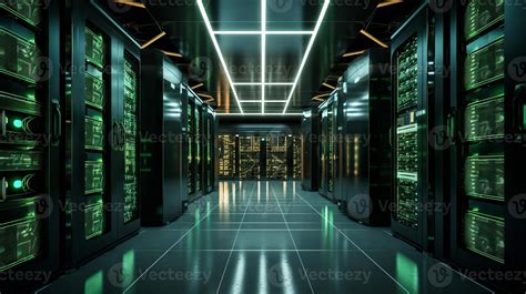 High-tech server room with rows of servers, electric board in a long