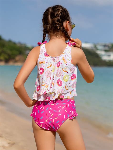 Girls Donuts Print Bow Shoulder Bikini Swimsuit SHEIN UK