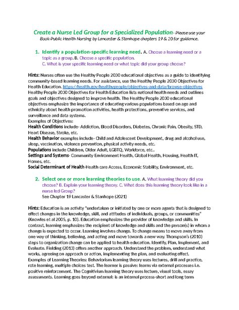 Create a Nurse Led Group for a Specialized Population Class Activity 1