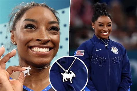 Style Simone Biles Holds Up Bedazzled Goat Necklace After Winning Sixth Gold Medal At Paris