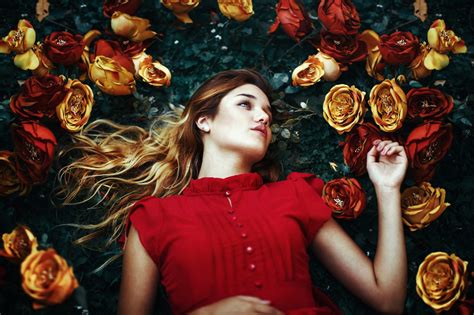 Download Yellow Flower Red Flower Flower Lying Down Red Dress Model