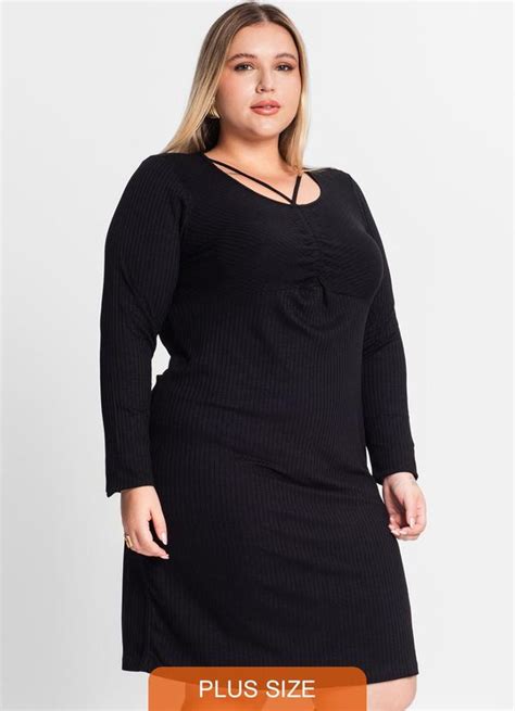 Vestido Plus Size Em Ribana Canelada Preto Secret Glam