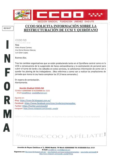 CCOO Fundación Jiménez Díaz CCOO Solicita información sobre la