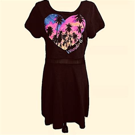 Bongo Dresses Bongo Heart Print Netted Black Palm Tree Dress Racerback Laser Cut Size L Nwt