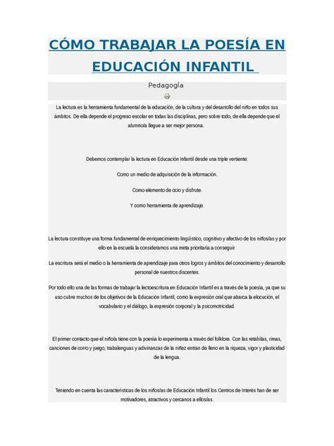 CÓmo Trabajar La PoesÍa En EducaciÓn Infantildoc Jardín De Infancia Poesía