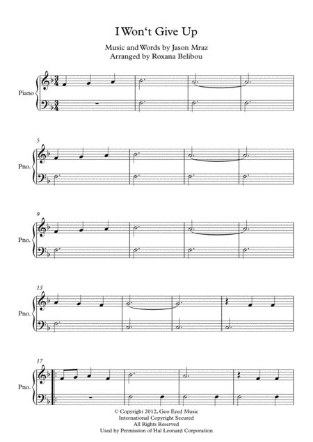 I Wont Give Up Sheet Music Jason Mraz Easy Piano