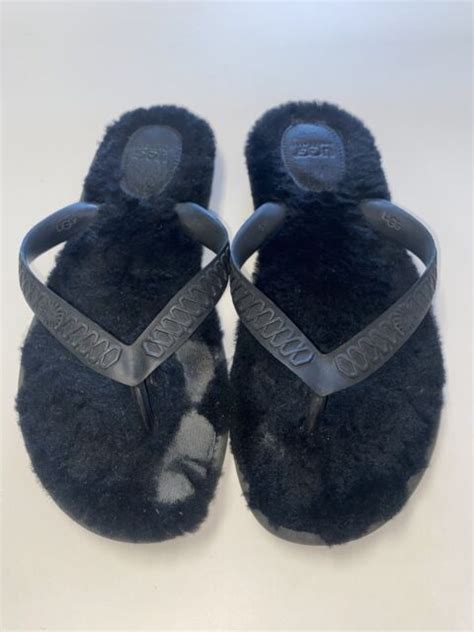 Ugg Fluffie Black Fur Flip Flops Womens Size 6 Ebay