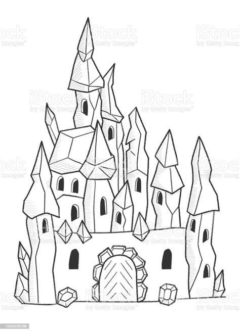 Line Ink Drawing Of Crystal Castle In Pencil Lines On White Background