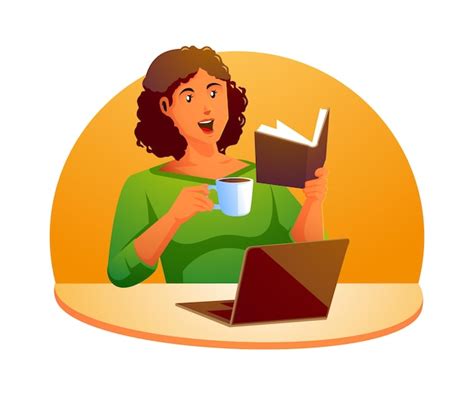 Premium Vector A Woman Sitting Reading A Book Drinking Coffee