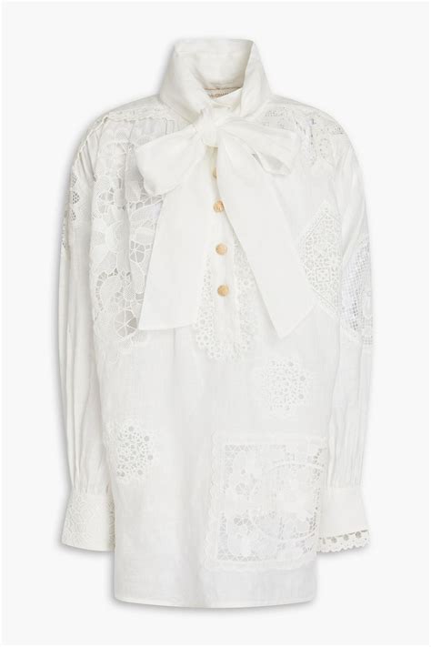 Zimmermann Pussy Bow Guipure Lace And Linen Blouse The Outnet