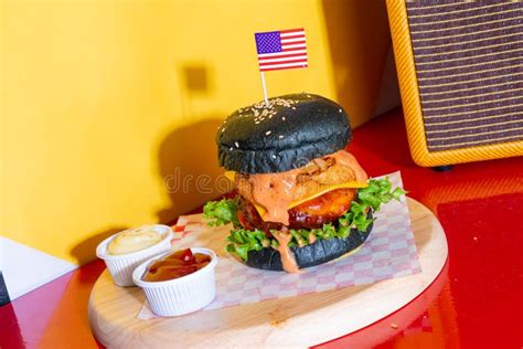 Barbecue Burger Pork With Barbecue Sauce With Cheese Onion Rings And