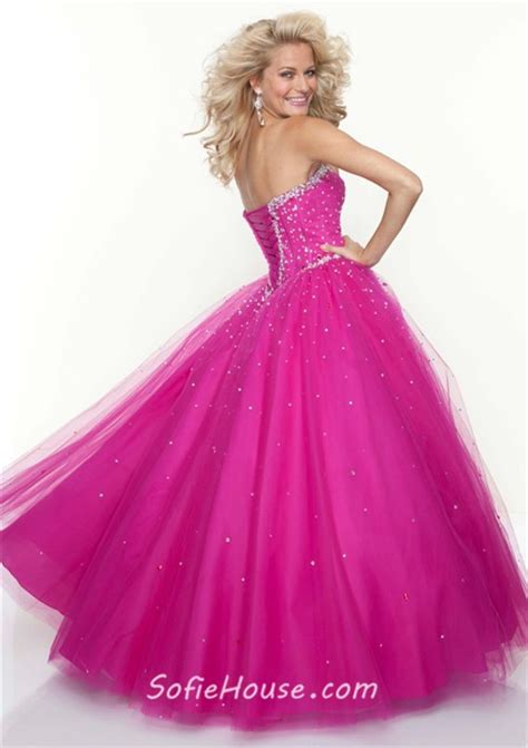 Ball Gown Sweetheart Floor Length Fuchsia Tulle Beaded Prom Dress With