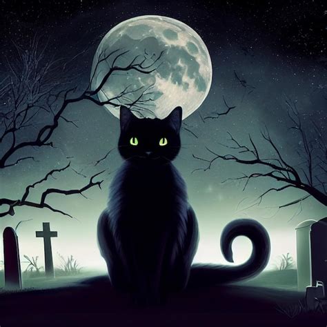 Gato Negro En El Cementerio Por La Noche Con Una Ilustraci N De Luna