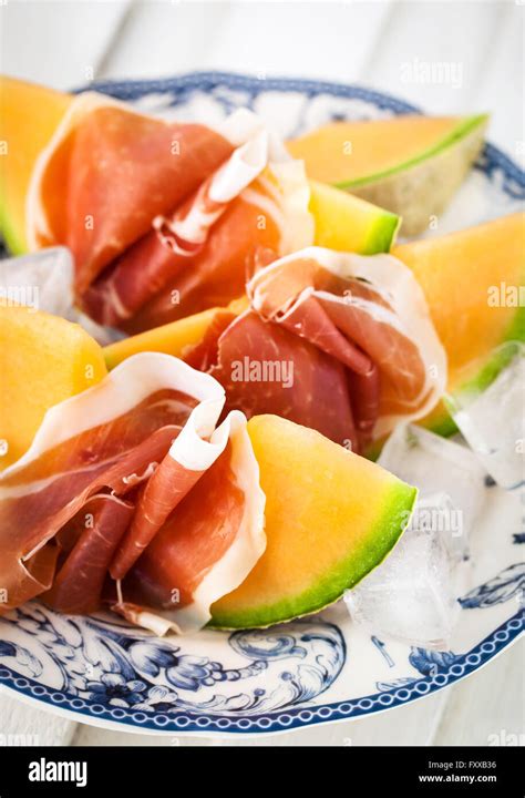 Prosciutto With Cantaloupe Melon Traditional Italian Appetizer Stock