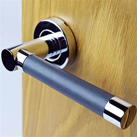 Turnstyle Design Door Handle Tan Leather Brushed Nickel Stitch In