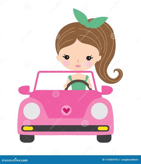 Young Woman Or Teenage Girl Driving A Car Stock Vector Illustration