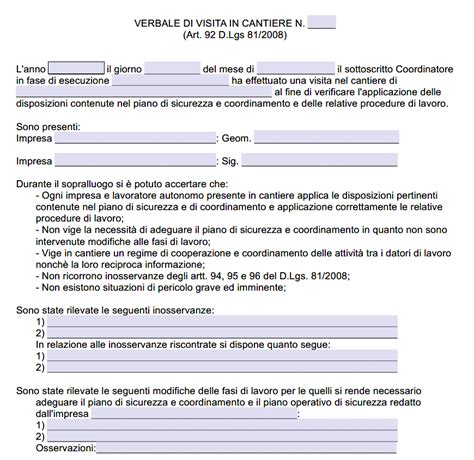 Fac Simile Verbale Di Visita In Cantiere Del Coordinatore Della