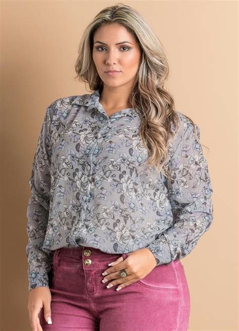 Camisa Social Floral Cinza Plus Size Quintess